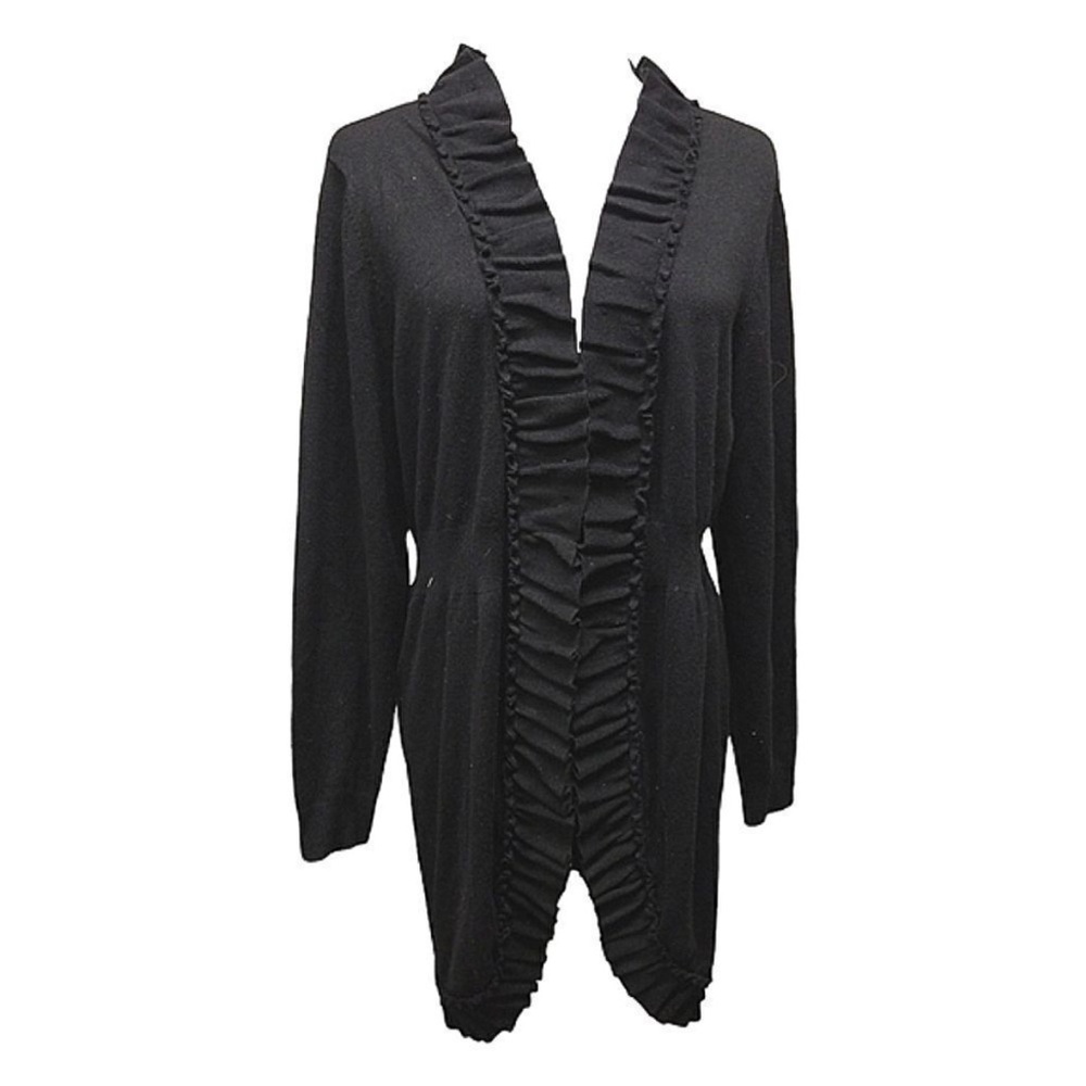 Black Ruffled long  open Cardigan Sweater PS